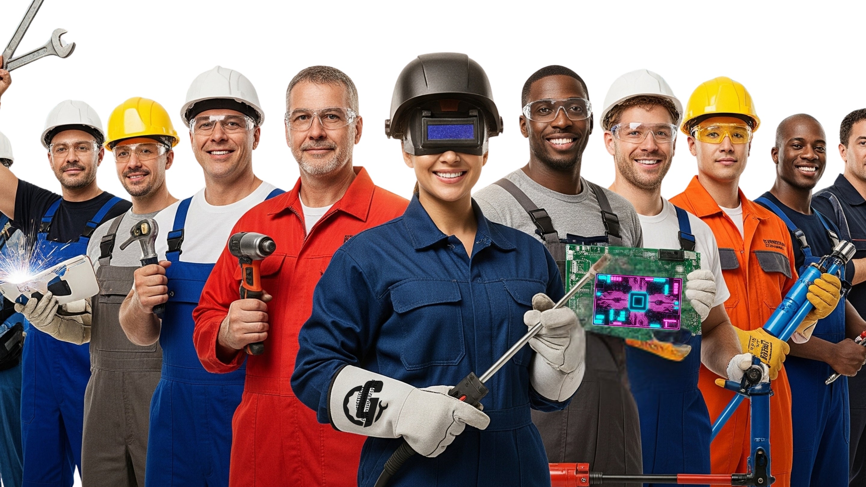 Diverse group of workers in safety gear with tools on a white background
