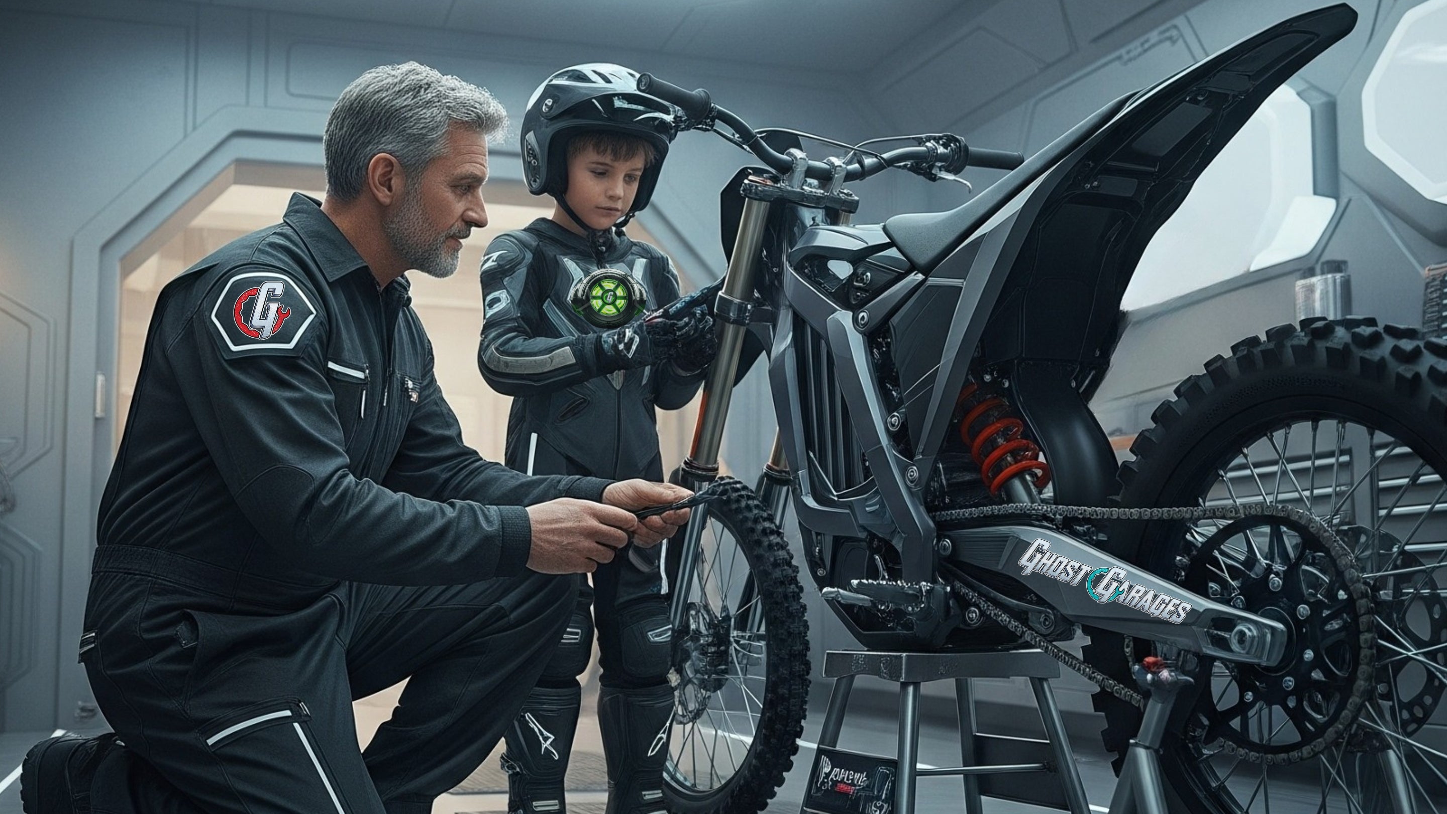 Man helping a kid work on an electric dirt bike