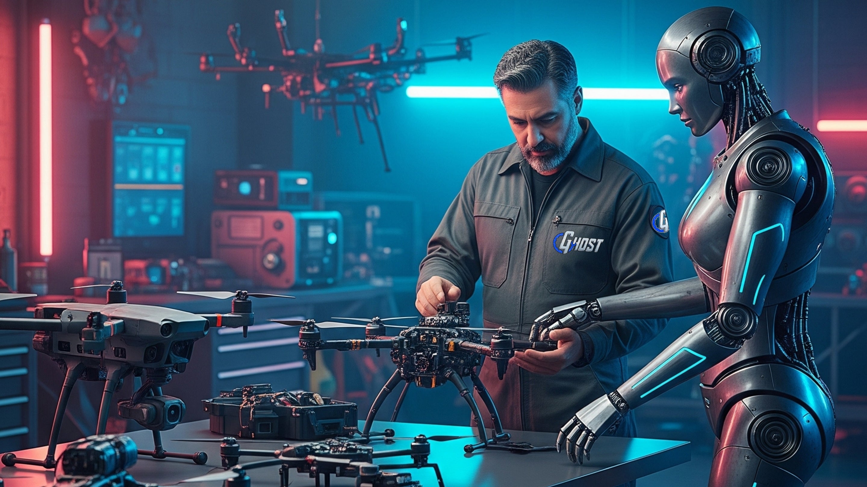 robot helping a man in a garage with a drone